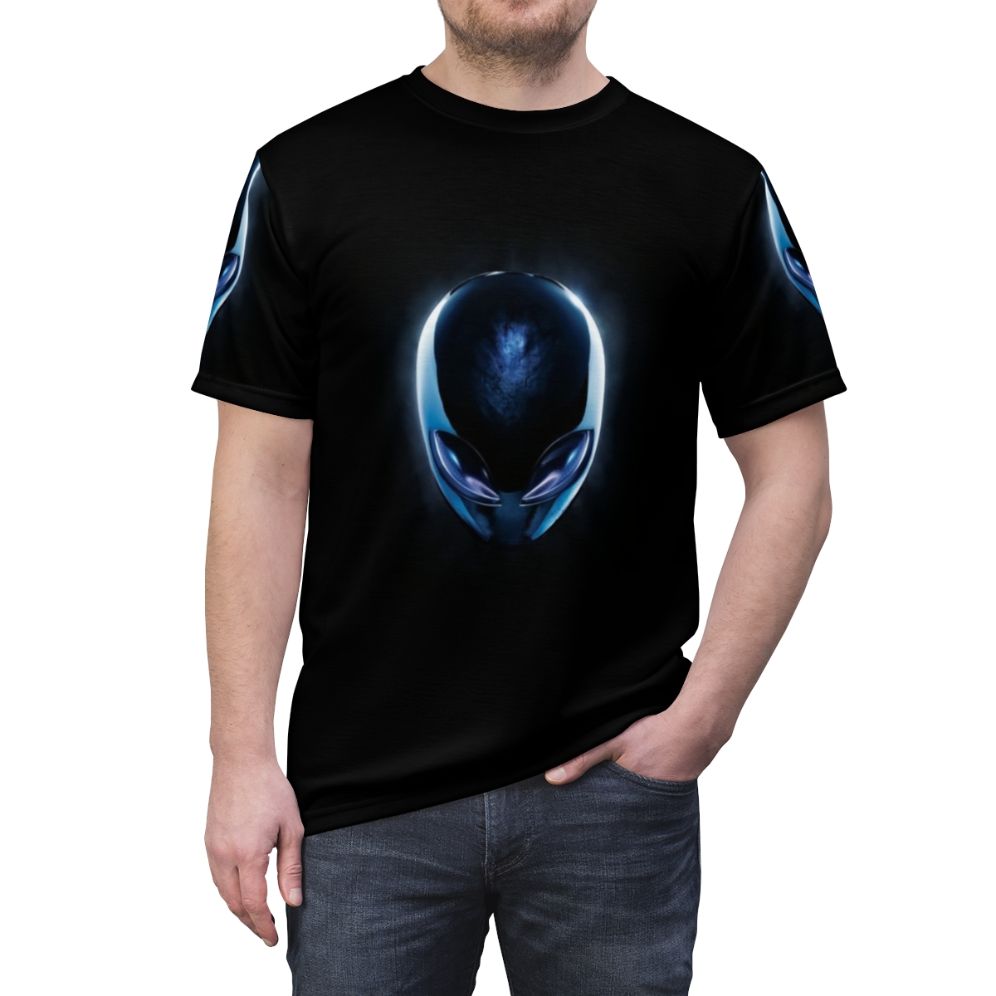 Alienware-inspired graphic t-shirt with laptop design for gamers - men front