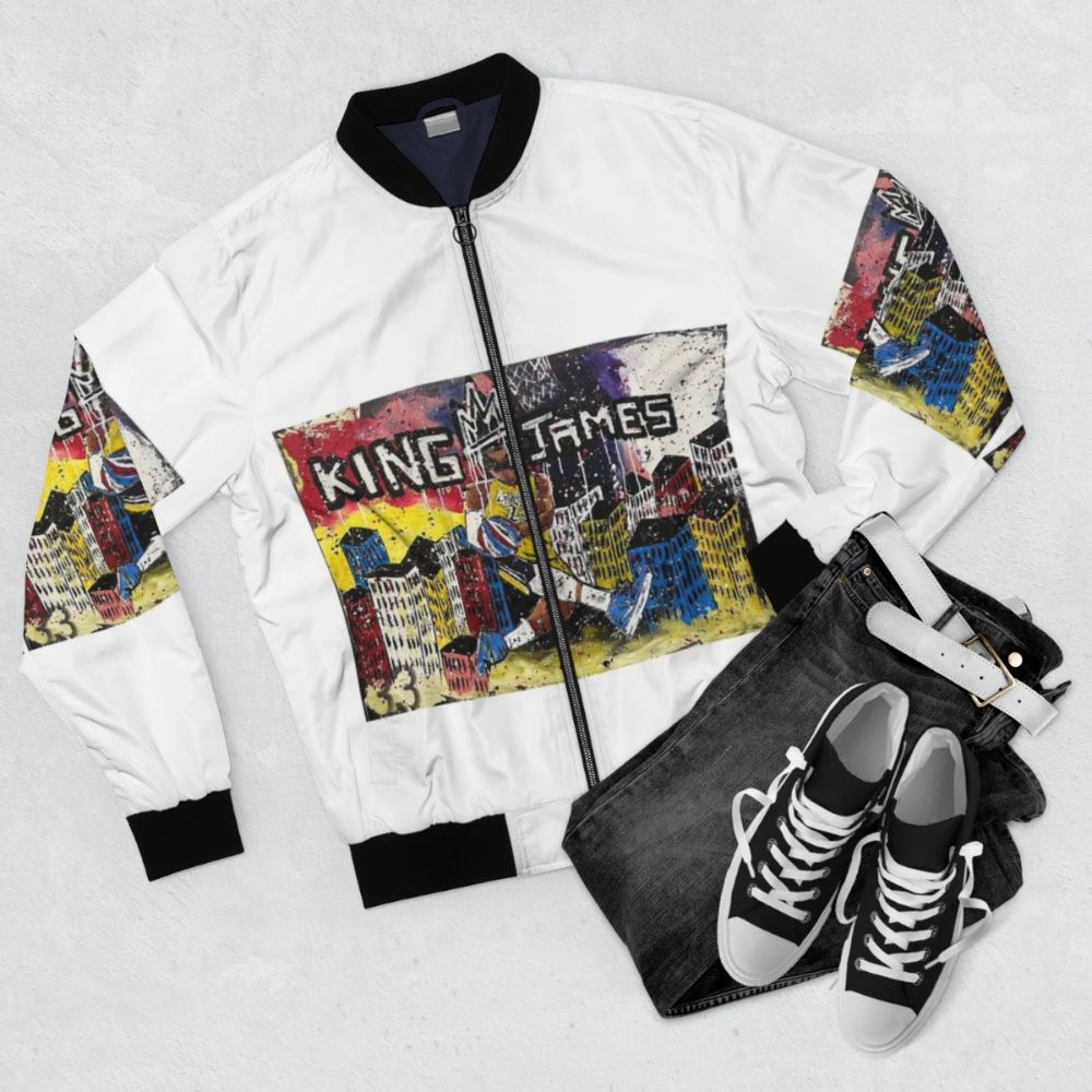 Lebron James inspired bomber jacket with basketball and Lakers graphics - Flat lay