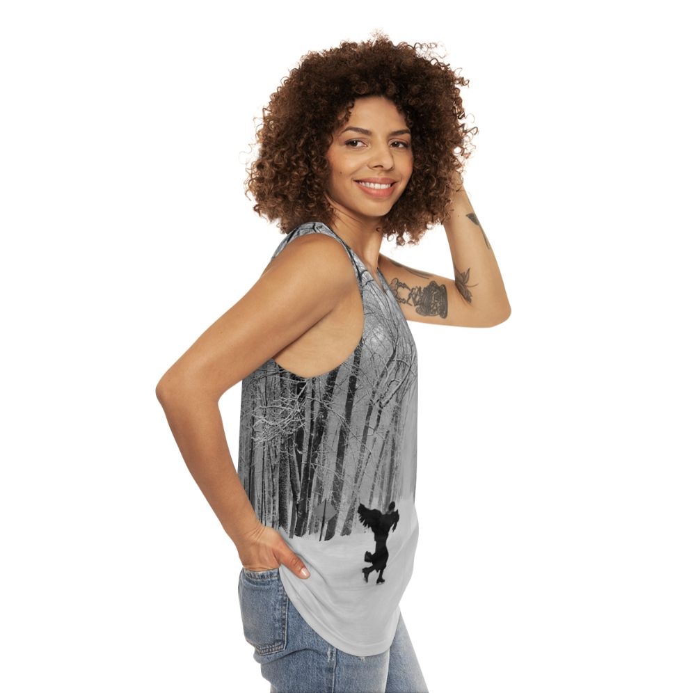 Joni Mitchell inspired unisex black crow graphic tank top - women side