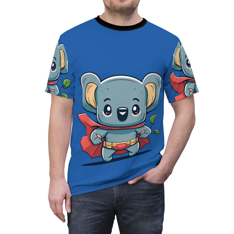 Illustration of a cute, kawaii koala wearing a superhero cape and standing in front of eucalyptus leaves - men front