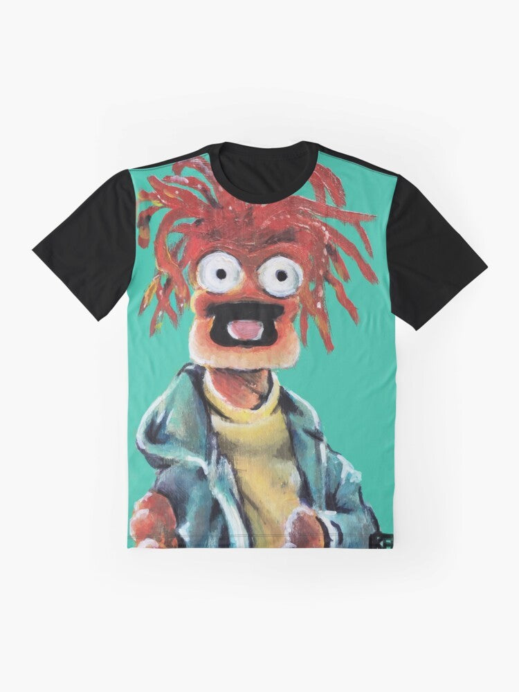 Pepe the King Prawn from the Muppets in a colorful fan art graphic design on a t-shirt - Flat lay