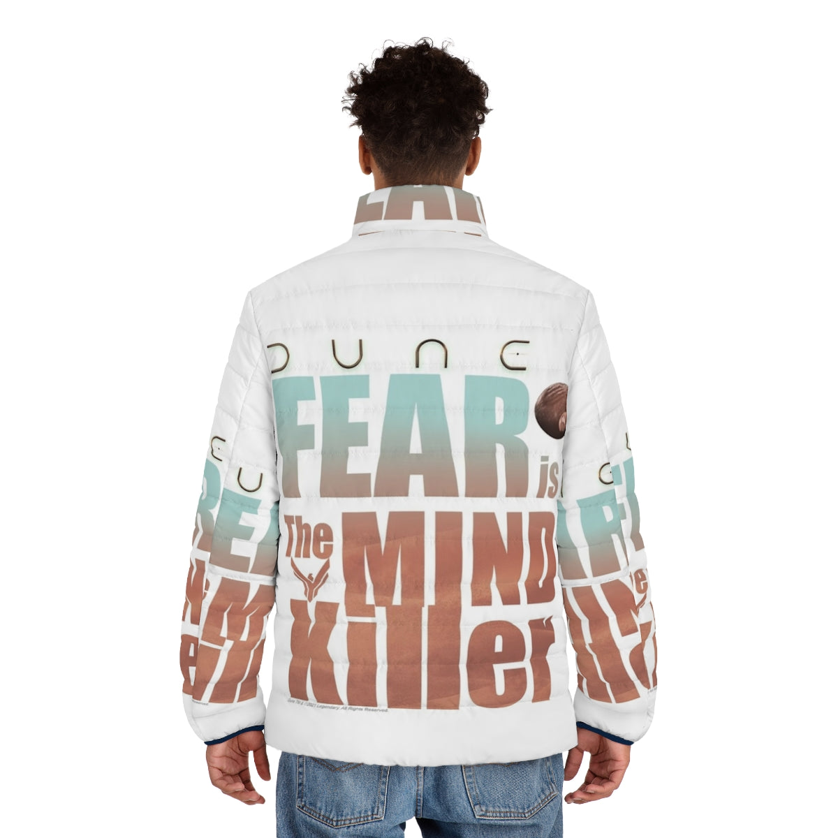 Dune 2020 'Fear Is The Mind Killer' Puffer Jacket featuring iconic Dune quote and movie artwork - men back