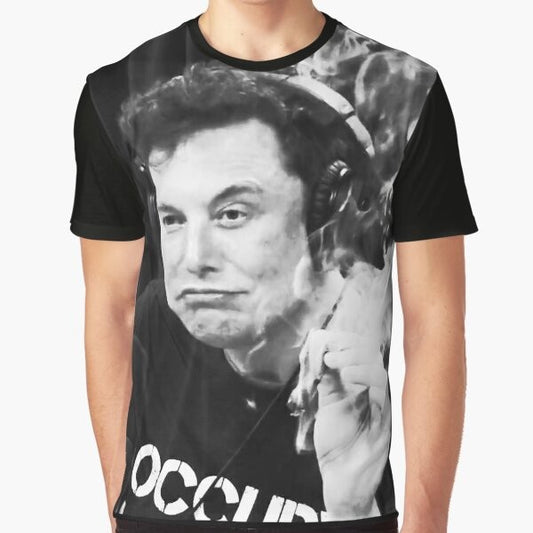 Elon Musk inspired graphic t-shirt with a design of Elon Musk smoking