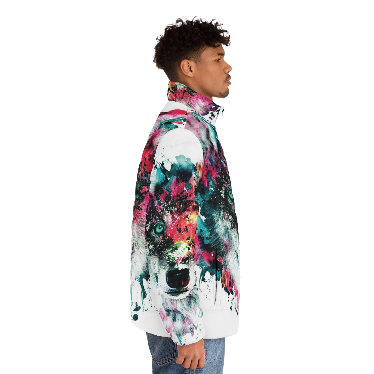 Vibrant wolf puffer jacket artwork featuring abstract, colorful design - men side right