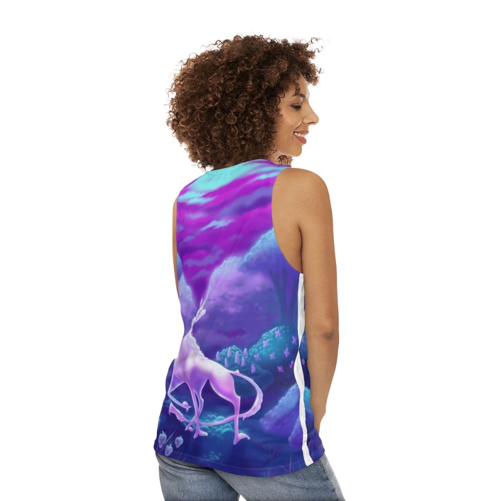 Unisex tank top featuring a minimalist design of the iconic unicorn from 'The Last Unicorn' - women back