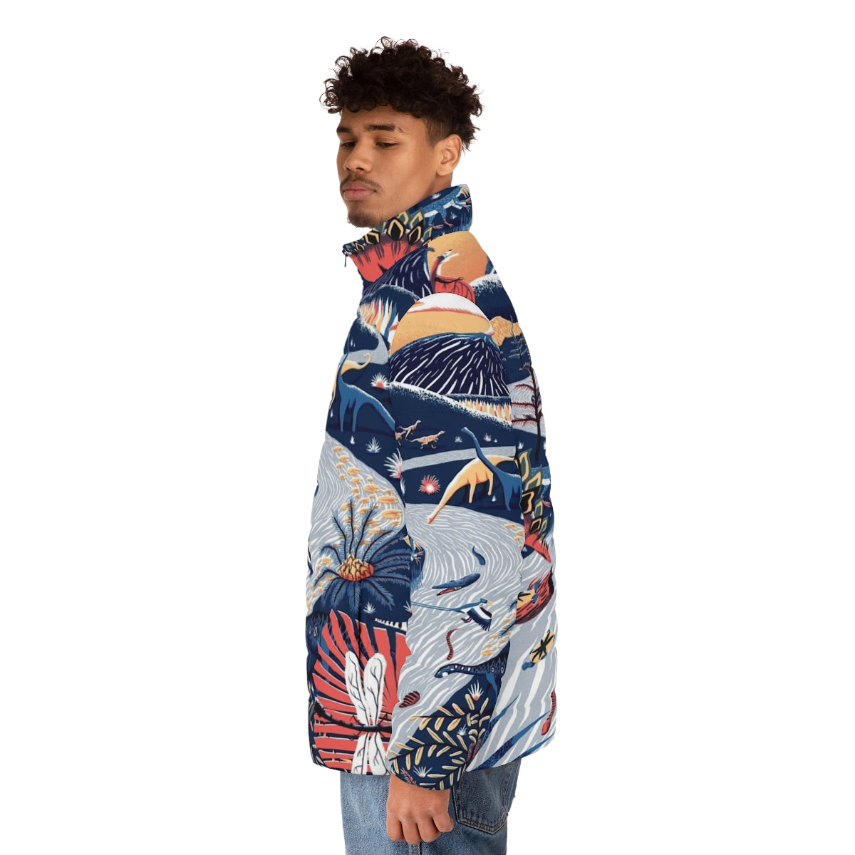 Jurassic puffer jacket featuring a colorful, limited palette design inspired by prehistoric animals - men side left