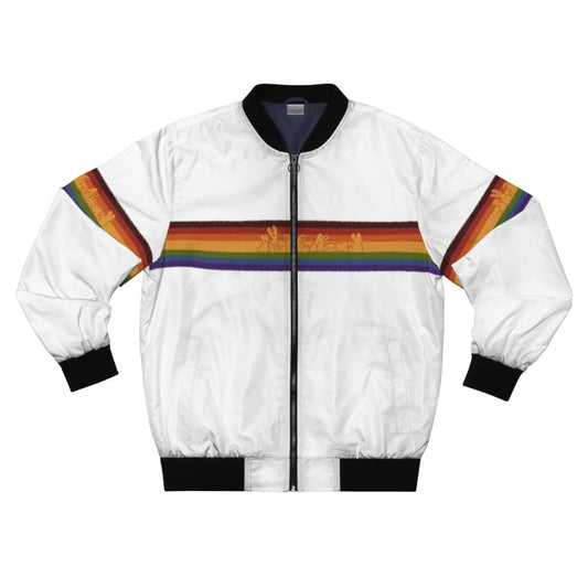 A colorful bomber jacket featuring a design of cute rainbow rabbits representing gay pride.