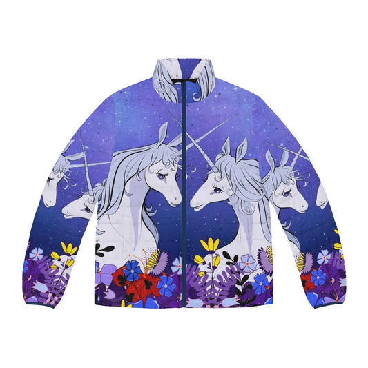 Colorful puffer jacket featuring a whimsical unicorn design inspired by the classic 80s animated fantasy film "The Last Unicorn"