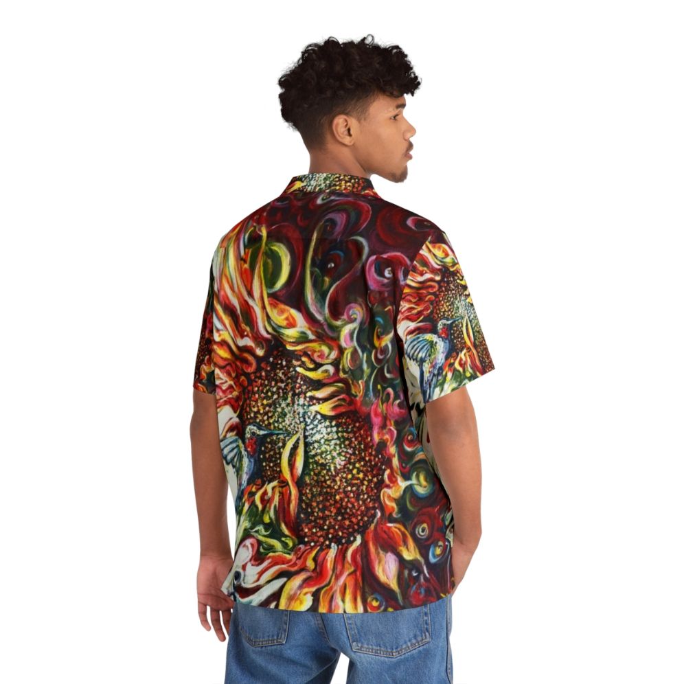 Sunflowers and hummingbird design on a colorful Hawaiian shirt - People Back