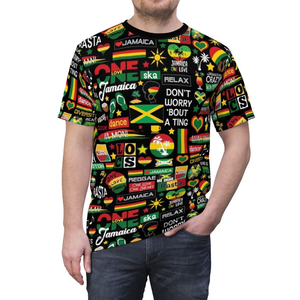 Model wearing a vibrant graphic tee with a Jamaica one love culture pattern design - men front