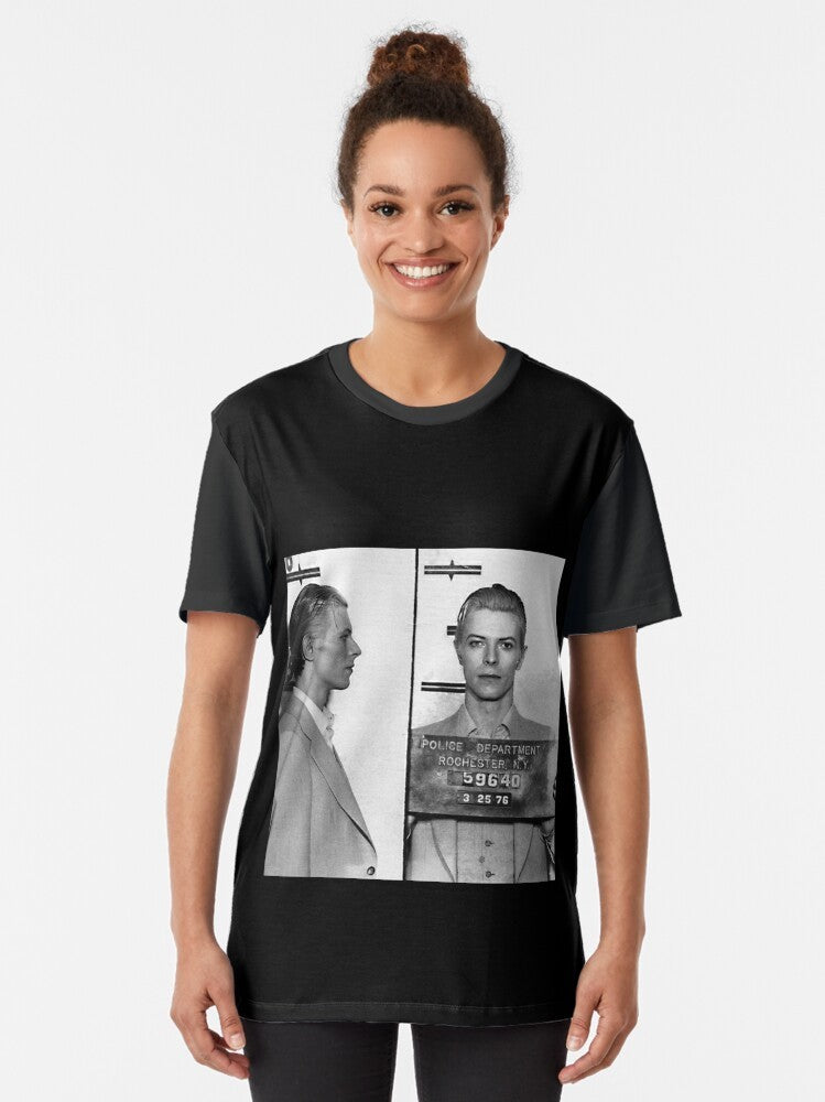 Vintage graphic t-shirt featuring the iconic 1976 mugshot of music legend David Bowie - Women