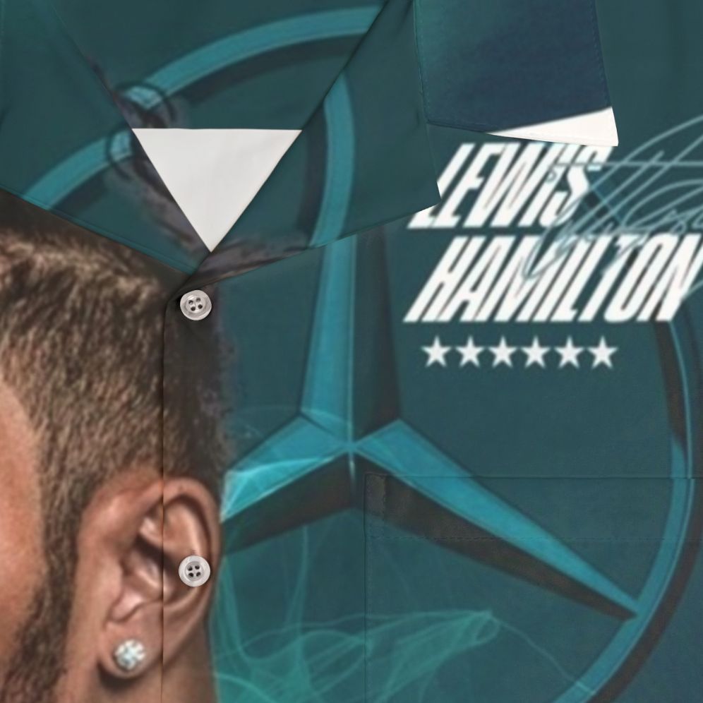 Lewis Hamilton wearing Formula 1 championship Hawaiian shirt - Detail