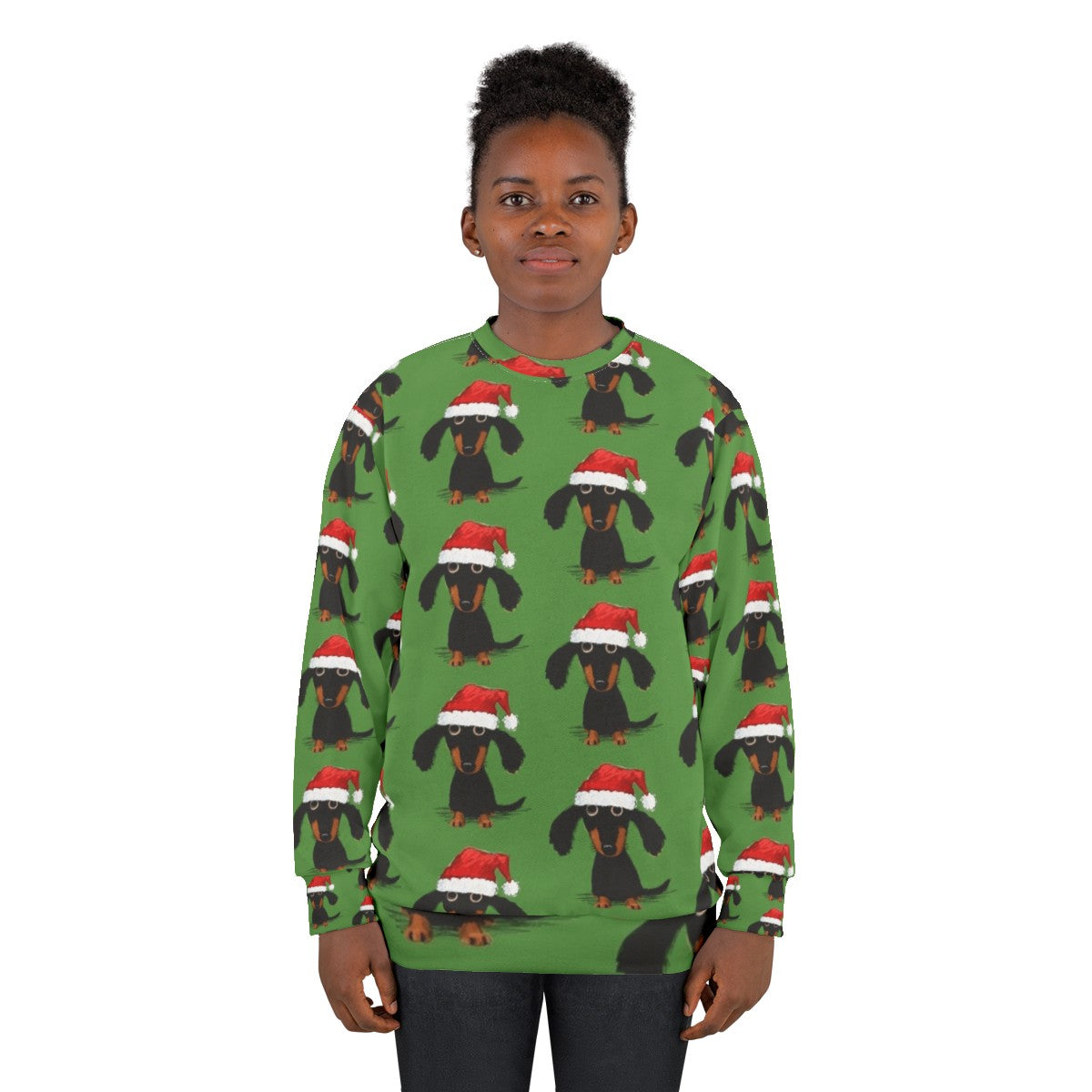 A cozy and humorous Christmas sweatshirt featuring a dachshund dressed as Santa - women