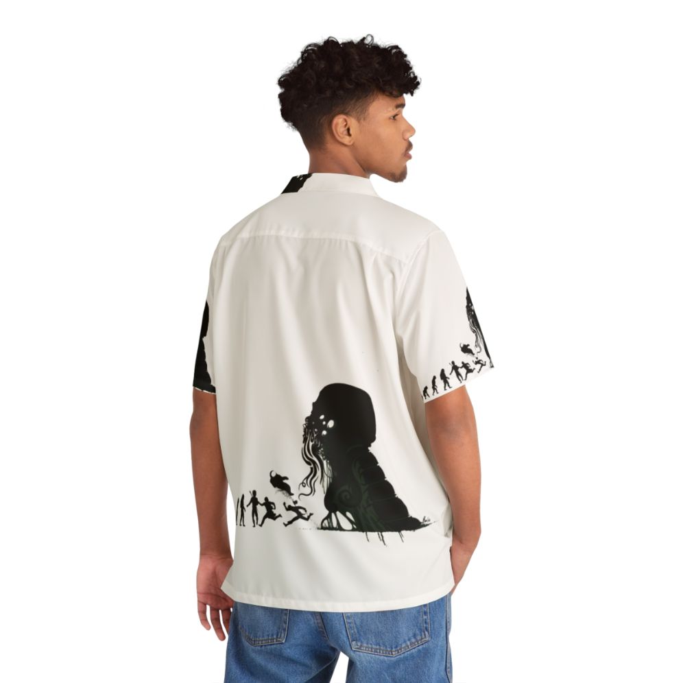 Lovecraftian evolution Hawaiian shirt with silhouette design of human and ape - People Back