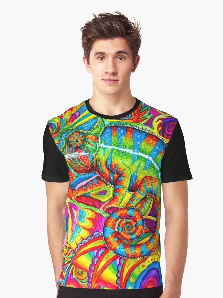 Colorful and vibrant psychedelic chameleon graphic on a t-shirt - Men