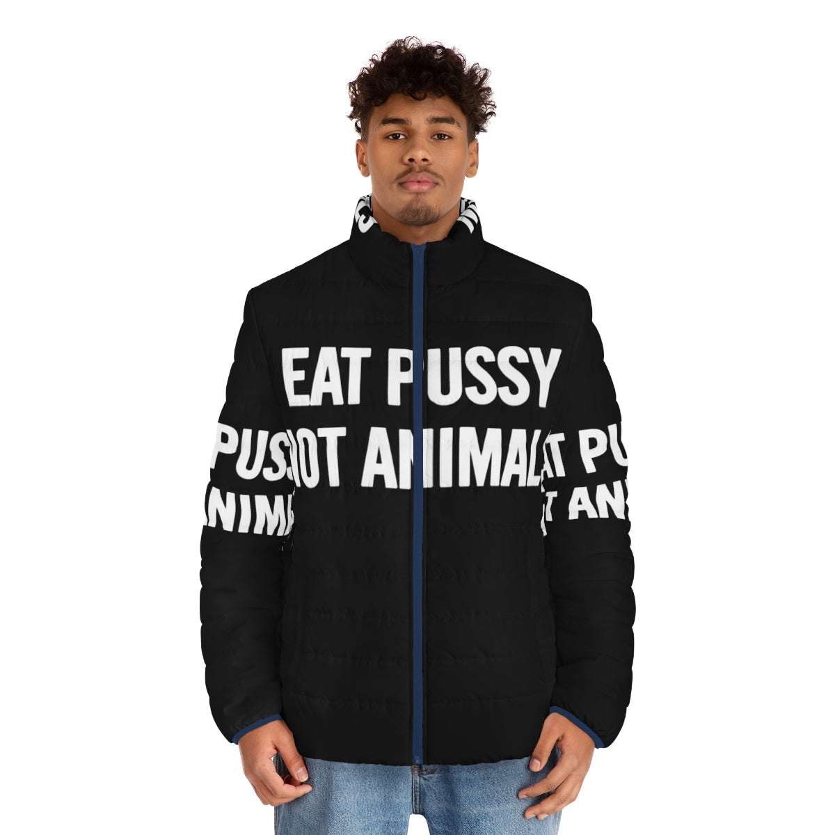 White vegan puffer jacket with "Eat Pussy Not Animals" text, promoting ethical fashion and animal rights - men front