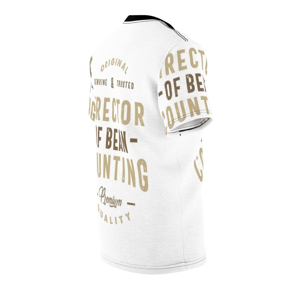 A t-shirt design featuring the text "Director of Bean Counting" in a stylized typography layout. - men right