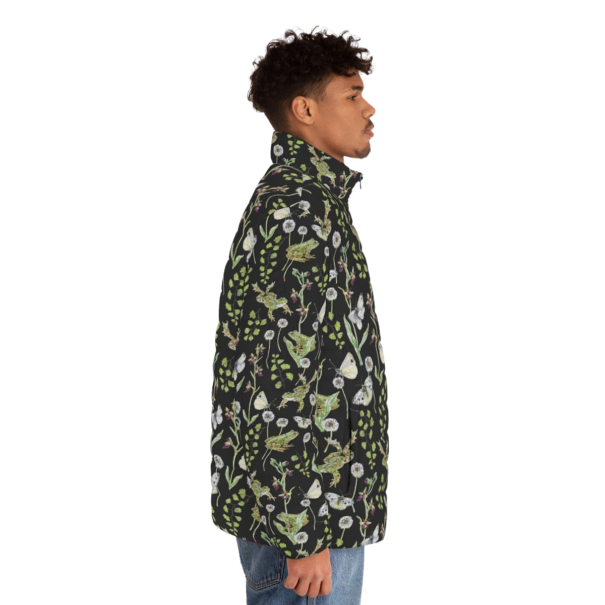 Puffer jacket with watercolor illustration of spring frogs and orchids - men side right