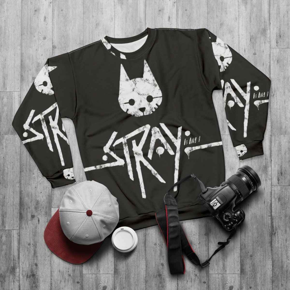 Stray PS5 Gaming Sweatshirt with Cat Logo - flat lay