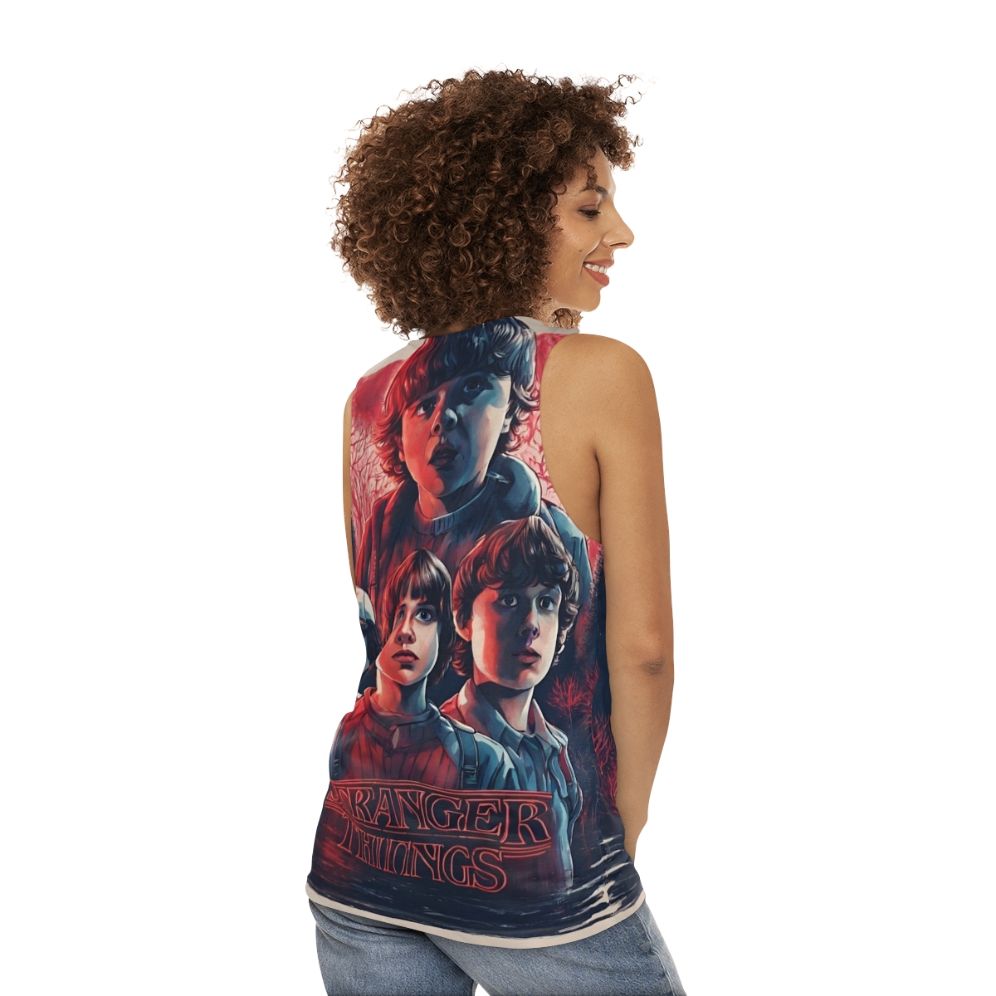 Stranger Things inspired unisex tank top featuring characters and elements from the show - women back