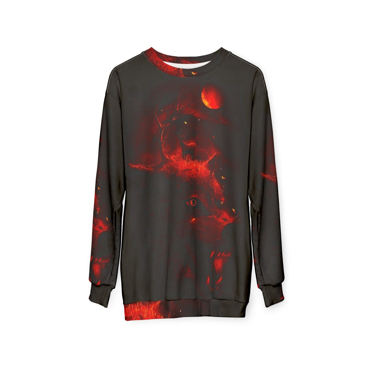 Red sweatshirt with dark night sky, wolf and deer silhouettes - hanging