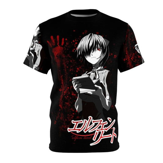 Anime-inspired t-shirt design featuring elements from the popular anime series Elfen Lied, including blood, gore, and the character Lucy.