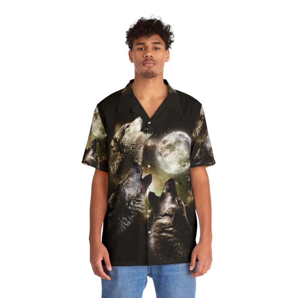 Three wolves howling at the moon on a Hawaiian-style tropical shirt - People Front