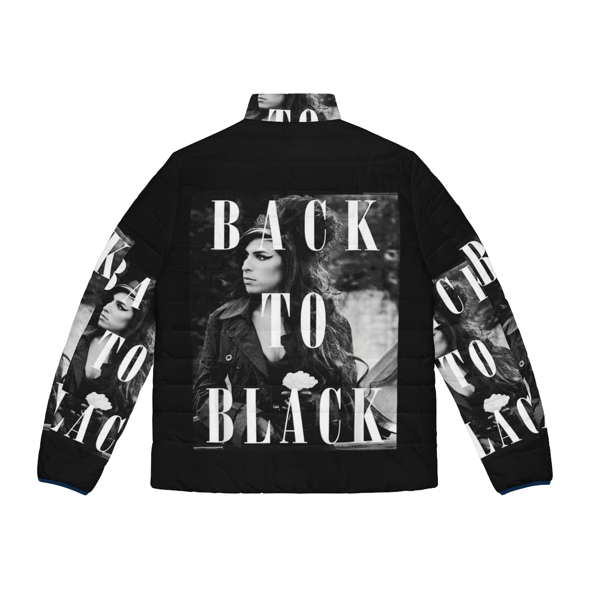 Black puffer jacket with vintage Amy Winehouse soul music inspired design - Back