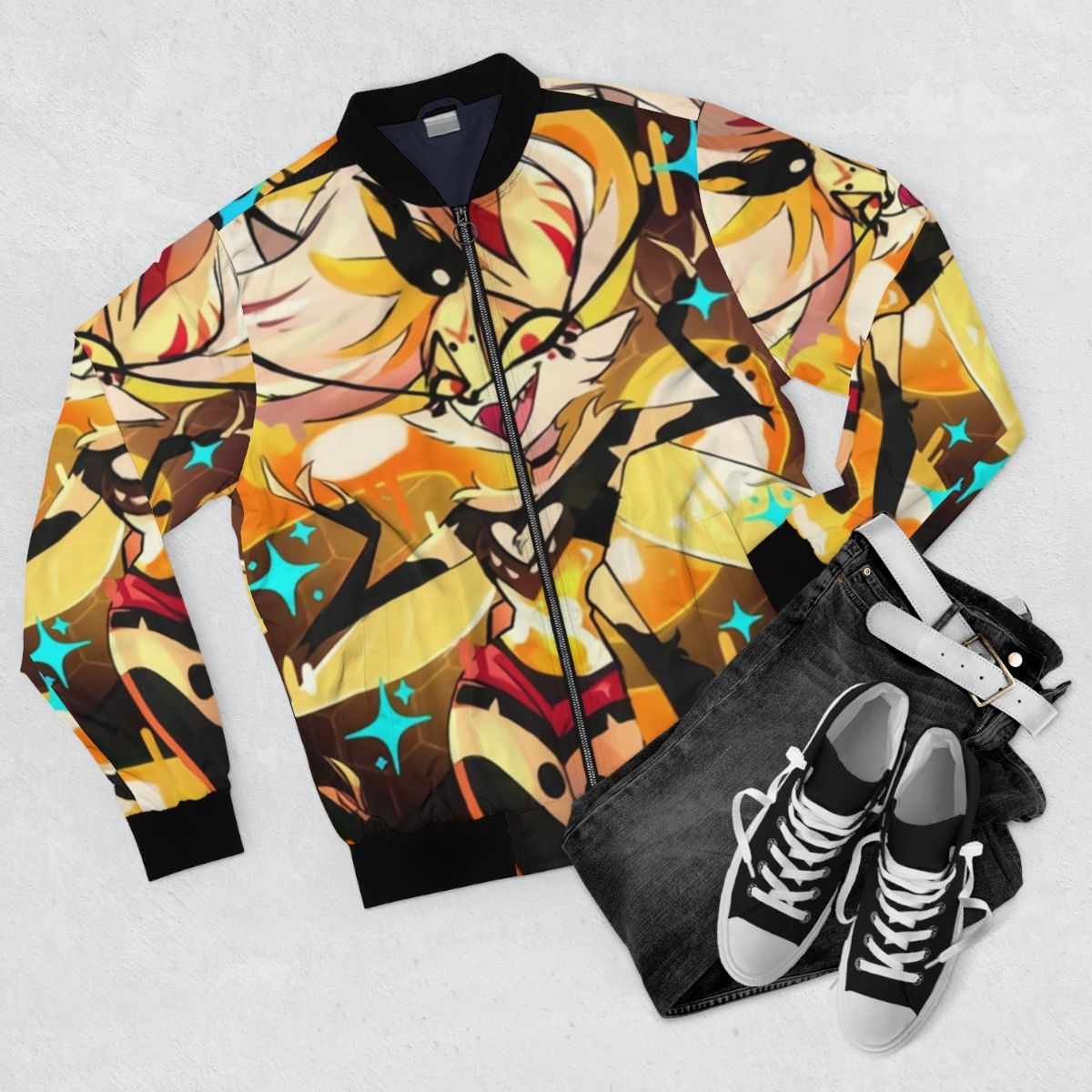 Beelzebub Helluva Boss bomber jacket featuring a fierce, badass design with a bee, honeycomb, and fiery elements. - Flat lay