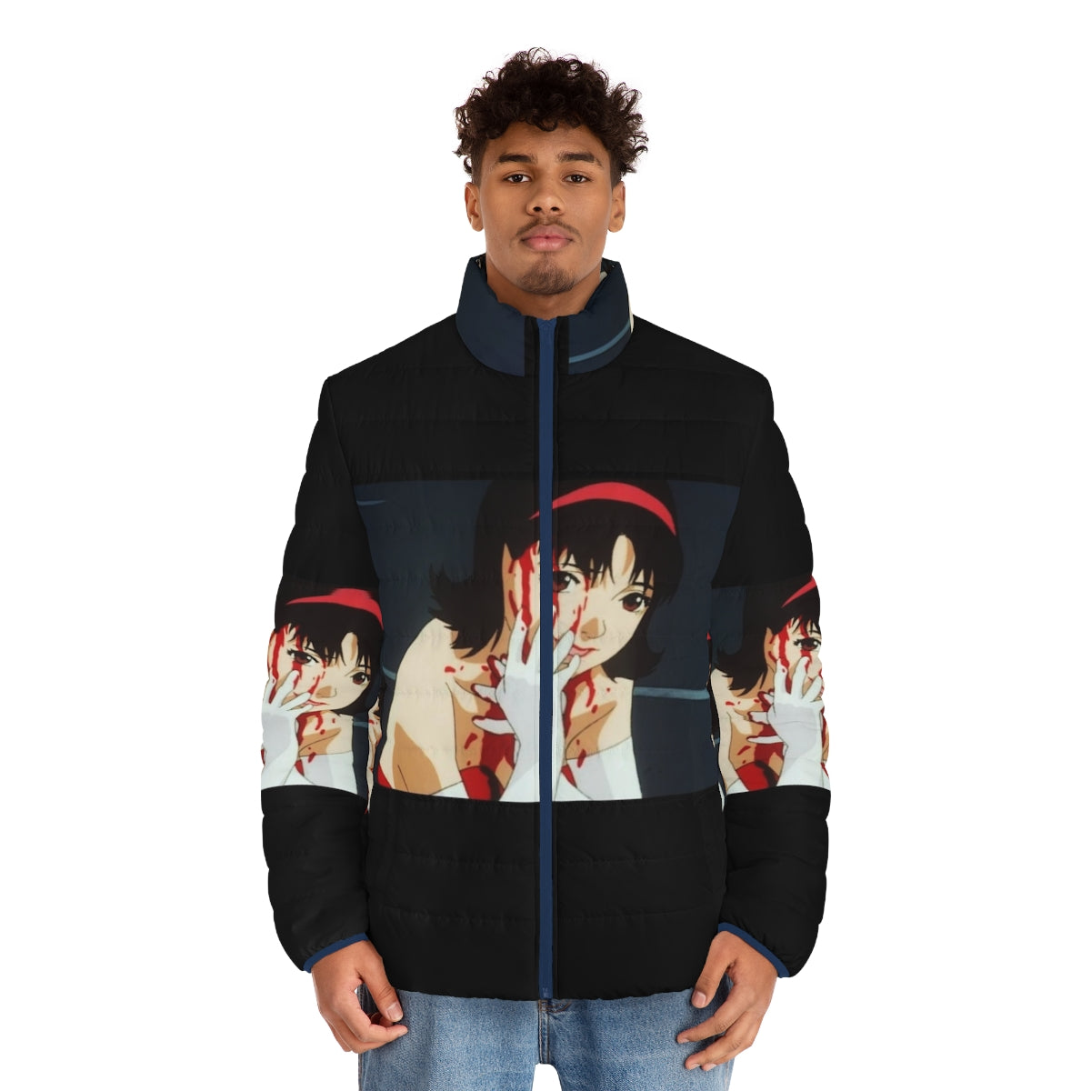 Blue puffer jacket with anime and video game inspired design - men front