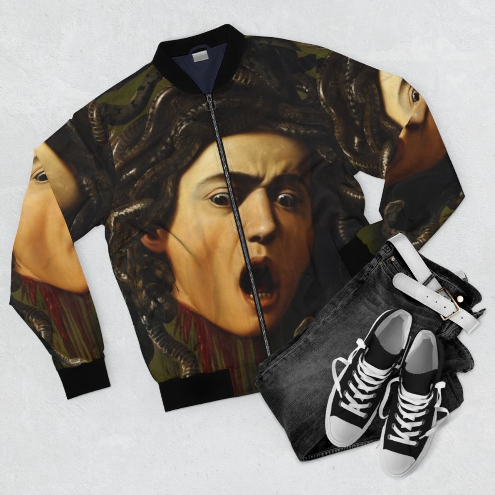 Caravaggio Medusa Bomber Jacket with renaissance art inspired design - Flat lay