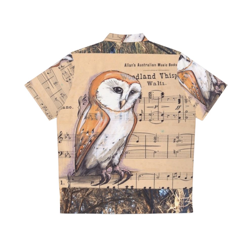 Tropical Hawaiian shirt with a design featuring a barn owl and musical notes in a woodland setting - Back