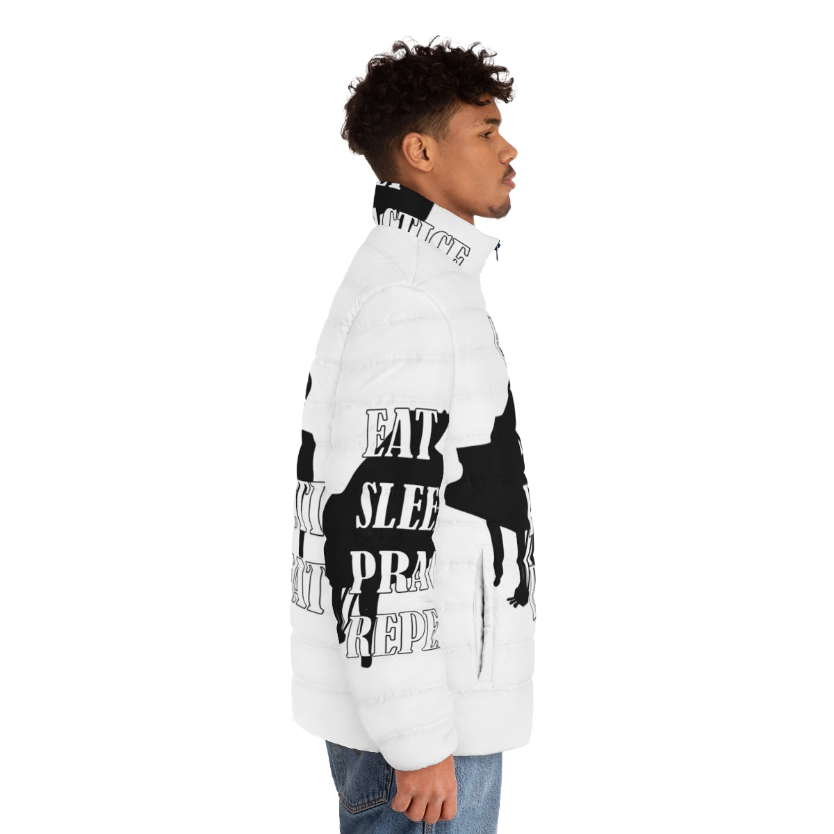 Piano puffer jacket with the words "Eat Sleep Practice Repeat" for music enthusiasts - men side right