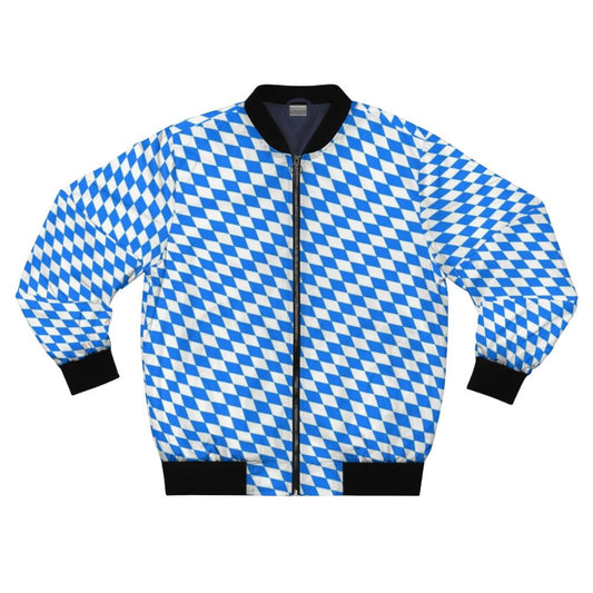Bavarian-inspired blue and white diamond pattern bomber jacket