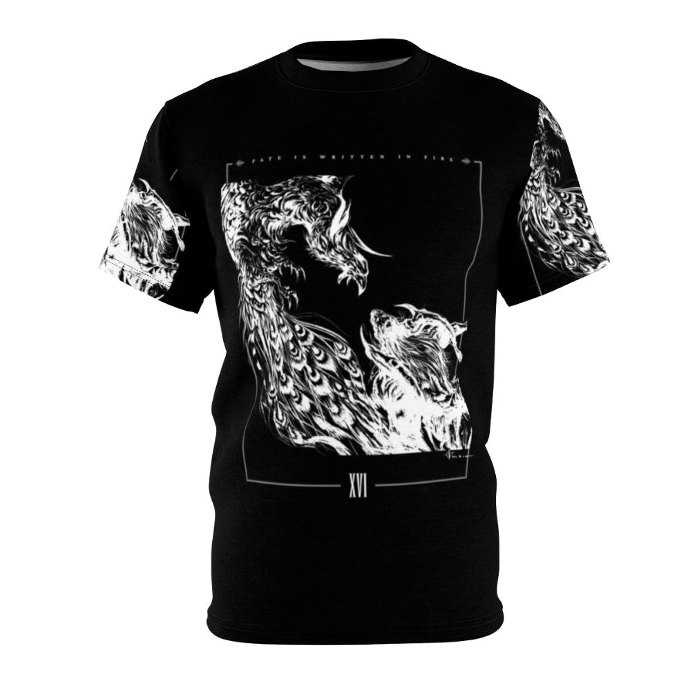 Monochrome graphic tee inspired by Final Fantasy XVI with characters Clive Rosfield, Ifrit, and Phoenix