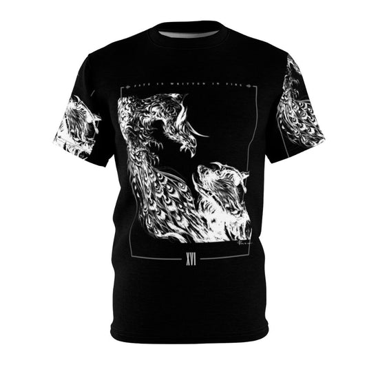 Monochrome graphic tee inspired by Final Fantasy XVI with characters Clive Rosfield, Ifrit, and Phoenix