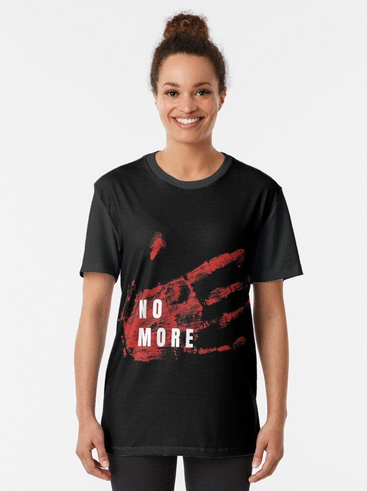 T-shirt design featuring text "No More Stolen Sisters" and a red hand symbol to raise awareness for missing and murdered indigenous women. - Women