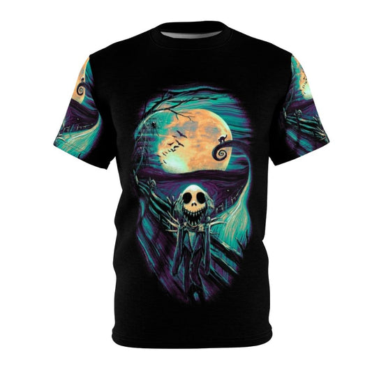 Spooky holiday AOP t-shirt with a parody of "The Scream" painting by Edvard Munch