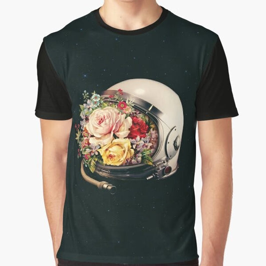 A surreal graphic t-shirt featuring an astronaut in space surrounded by flowers and stars