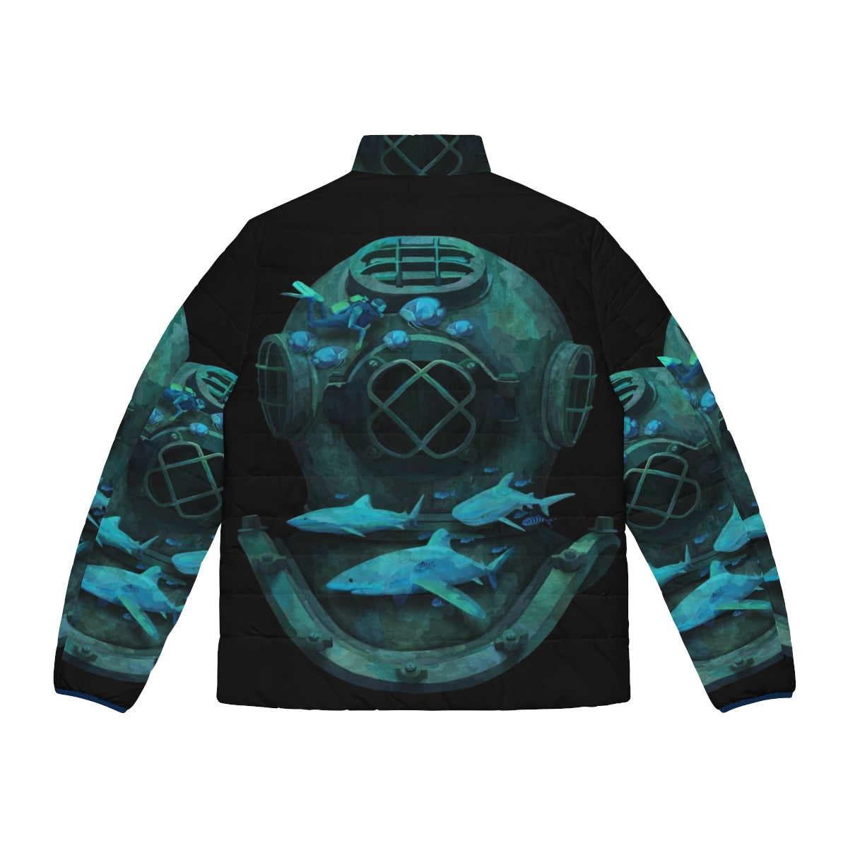 A whimsical puffer jacket featuring a deep diving design with marine life and underwater exploration - Back