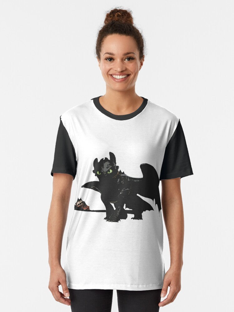 Toothless the dragon from the How to Train Your Dragon movie series on a graphic t-shirt design - Women