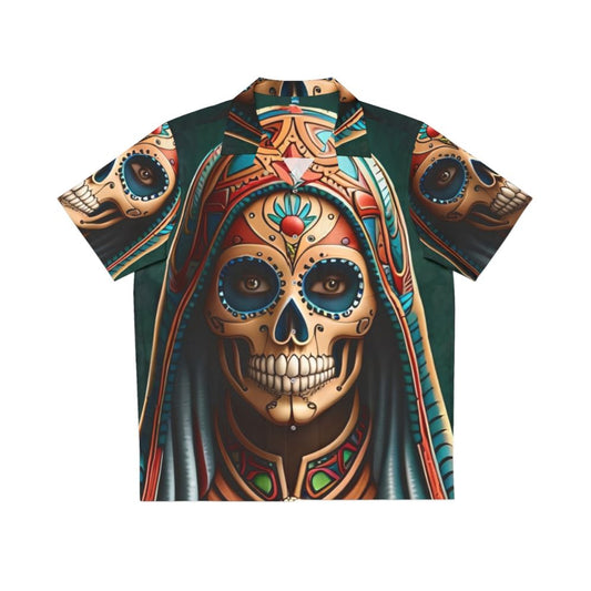 Skull Hawaiian Shirt with Santa Muerte and Day of the Dead Inspired Design