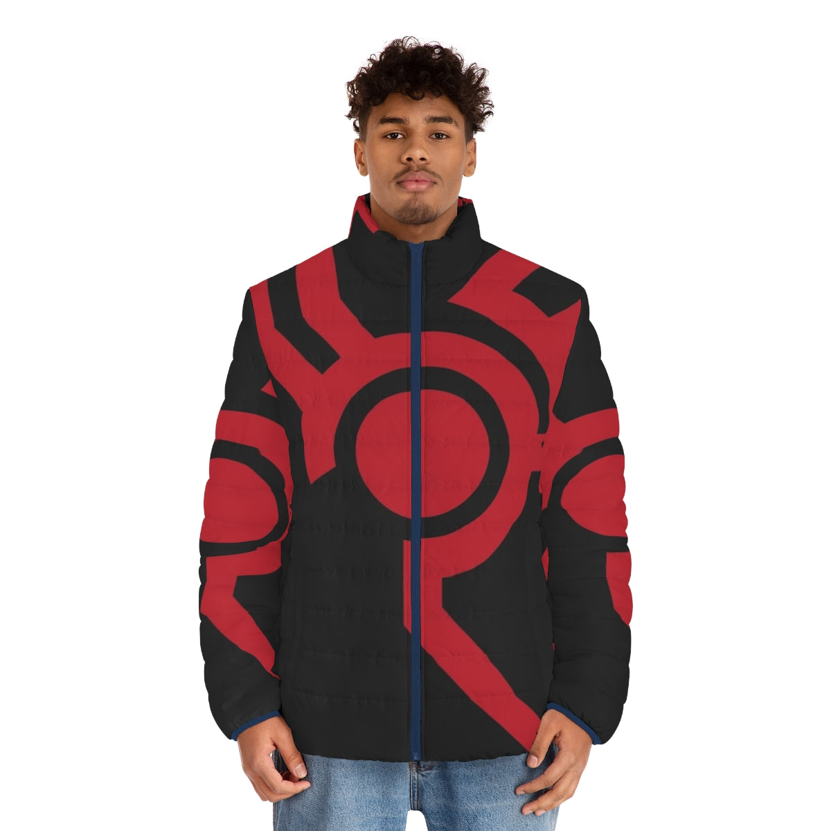 Techno Circuit Puffer Jacket with Red and Black Dragon Design - men front