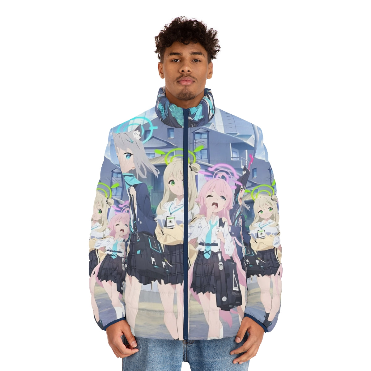 Blue Archive The Animation All-in-One Puffer Jacket featuring characters from the anime series - men front