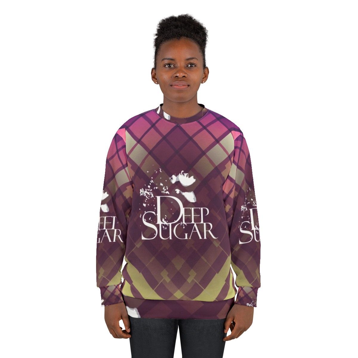 Colorful "Deep Sugar" sweatshirt featuring Ultra Nate, a female house music singer from Baltimore - women