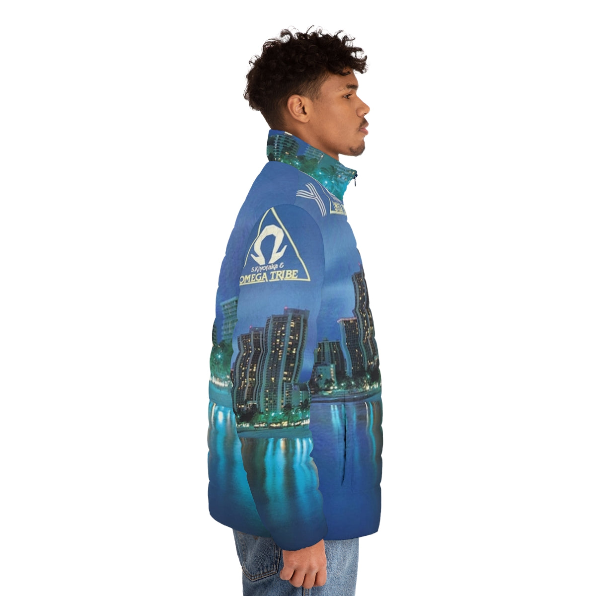 Retro 1980s puffer jacket featuring the album cover art of S Kiyotaka's Omega Tribe Aqua City 1983 - men side right