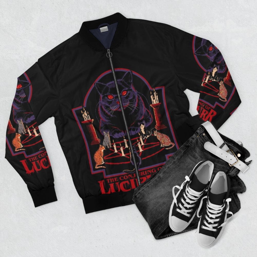 Stylish bomber jacket featuring a horror-themed pentagram design with cats, occult symbols, and fire effects - Flat lay