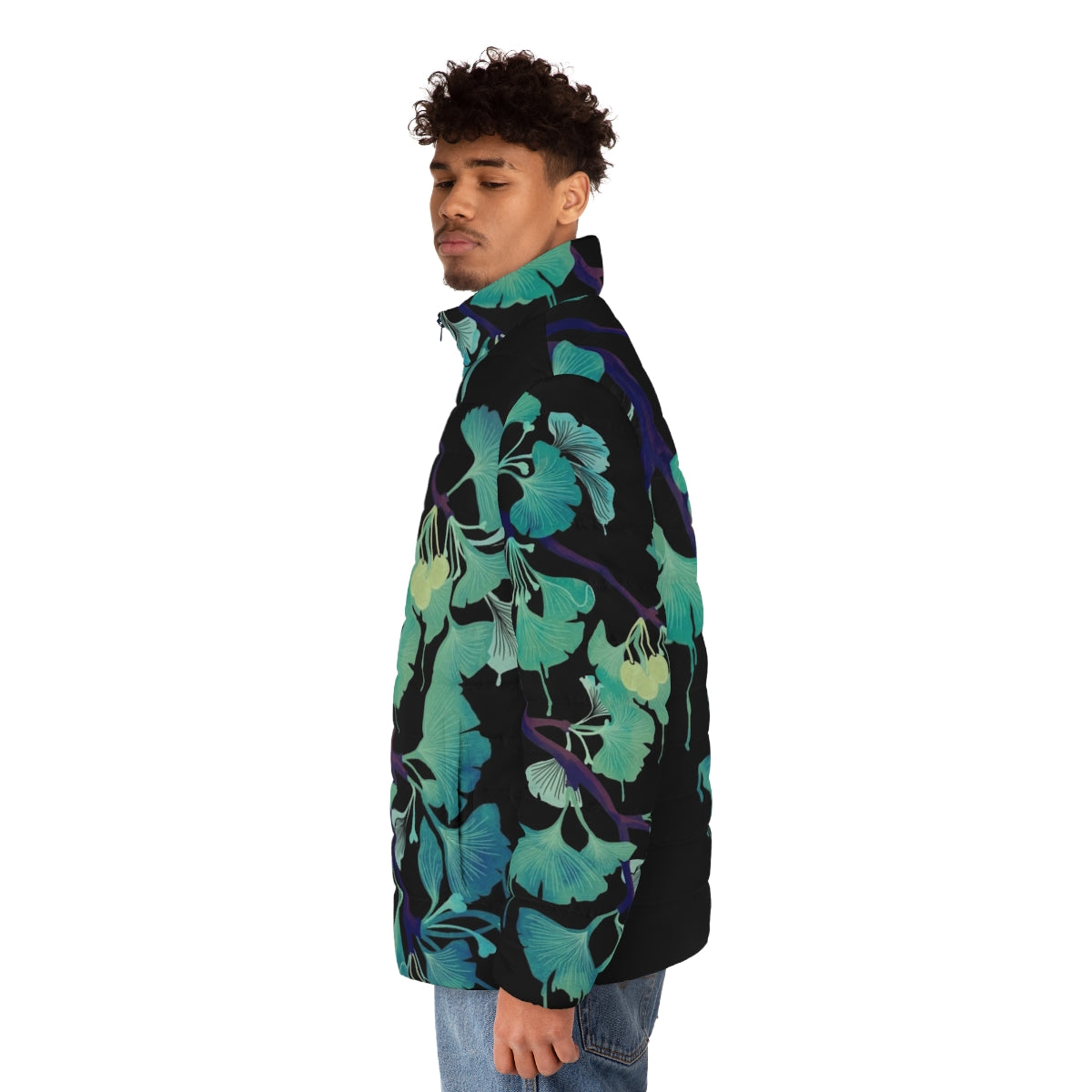 Ginkgo watercolor puffer jacket in black - men side left