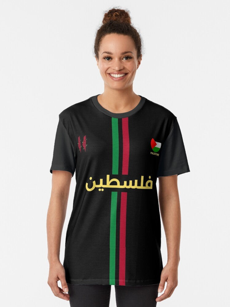 Palestine Football Graphic T-Shirt, featuring a design supporting the Palestinian cause and football. - Women