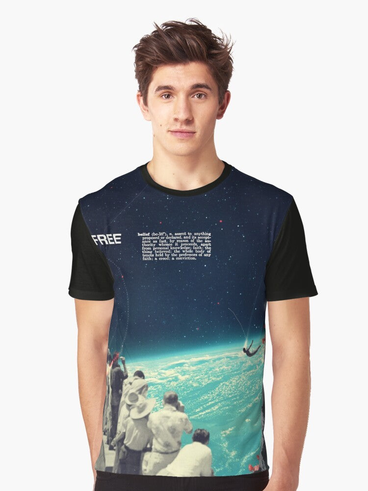 A free graphic t-shirt featuring a surreal, collage-style design with space, people, and retro sci-fi elements. - Men